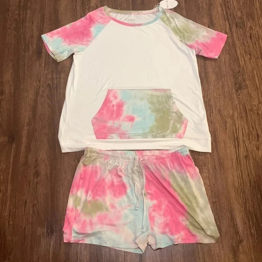 Pajama Set Short Sleeve Pink Tie Dye Women’s Large New